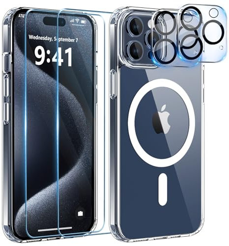 YisrLery 5-in-1 Kompatibel mit iPhone 15 Pro Max Hülle für Mag Safe mit 2 Stück Panzerfolie und 2 Stück Kameraschutz Militärnorm Schutz, PC Kratzresistente Rückseite Stoßfest Magnetische Hülle- Klar
