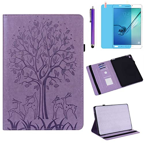 Étui pour Samsung Galaxy Tab S2 9,7 2015 (SM-T810 SM-T813 SM-T815 SM-T819), coque arrière en silicone souple avec support de carte et stylet pour film d'écran (violet arbre)