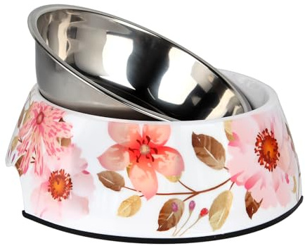 SLZZ 2 in 1 Food Water Bowls - Non Slip Skid Proof Heavy Duty Pet Bowls for Feeding Drinking Small Medium Large Dogs Cats Puppies (Pink Flower, L:28 OZ)