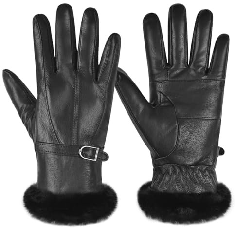 Harssidanzar Damen Lederhandschuhe Winter Thermo handschuhe Kleid Lederhandschuhe Fell gefüttert für kaltes Wetter SL022EU,Schwarz, Größe S