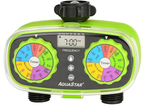 AQUASTAR Two-Zone Hose Watering Timer (Green), Automatic Irrigation for Lawn, Garden, Yard, Two Outlets