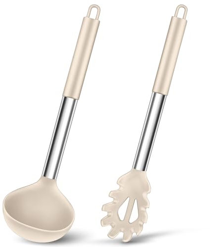 Joyfair Lot de 2 louches à soupe et cuillères à spaghetti, en silicone et cuillère à pâtes avec poignée en acier inoxydable, pour cuisiner, remuer, servir, égoutter, sain et antiadhésif, passe au