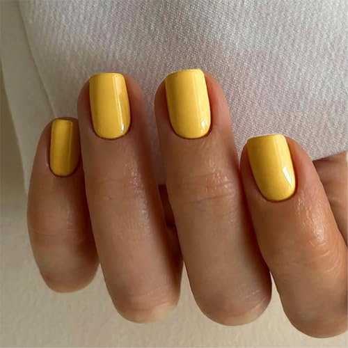 Ceboic 24Pcs Français Faux Ongles Court Carrés Press on Nails Couleur Pure Acrylique Couverture Complète Ongles à Coller Naturel Artificiels Faux Ongles pour Femme et Fille Nail Art (Jaune Citron)