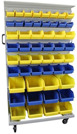 LEOMAR Werkstattregal, Zweiseitig mit 104 Stapelboxen, Mobil & Gebrauchsfertig, Regal für Werkstätten & Produktionsfirmen, Lagersystem mit Sichtlagerkästen, 67 x 94 x 156 cm, Gelb & Blau