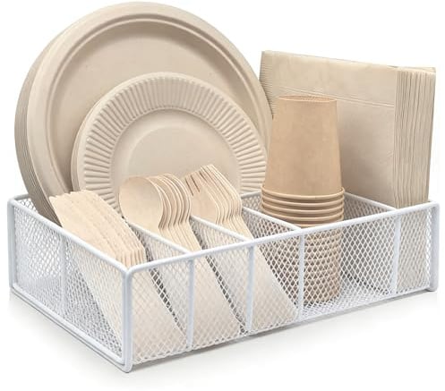 DysanVica Metall-Pappteller-Spender – Utensilienhalter für Küche, Theke, Schrank, Besteck, Organizer, Aufbewahrungsbox für Kunststofflöffel, Gabel, Teller, Servietten, Tassen, Party, Camping, Weiß