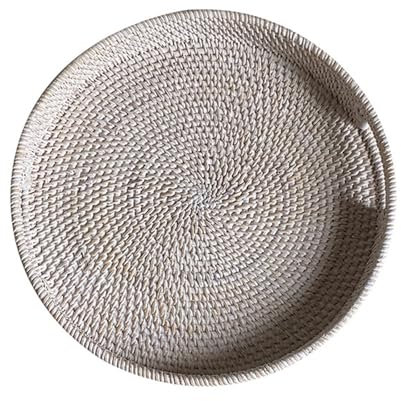 BURLOE Rattan Serviertablett Mit Griffen, Rund Obstkörbe Geflochtene Brot Natürlicher Aufbewahrungskörbe Eierkorb Organizer Obstplatte Picknickkorb Obstschale,Grau,36cm