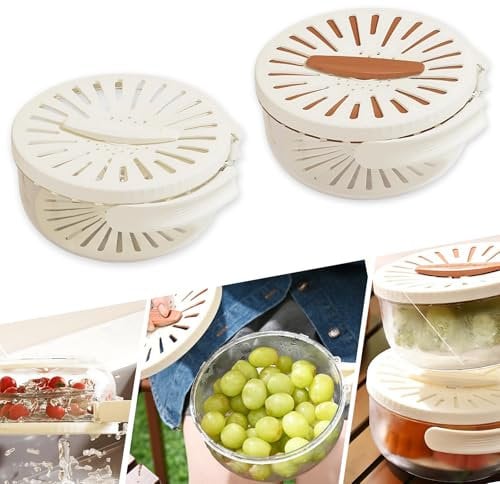 Boxonly Multifunctional Fruit and Vegetable Washing Bowl with Lid – 2-in-1 Plastic Drain Basket with Foldable Handle, Colanders and Strainers for Kitchen Use (White and Brown, 2 Pcs)
