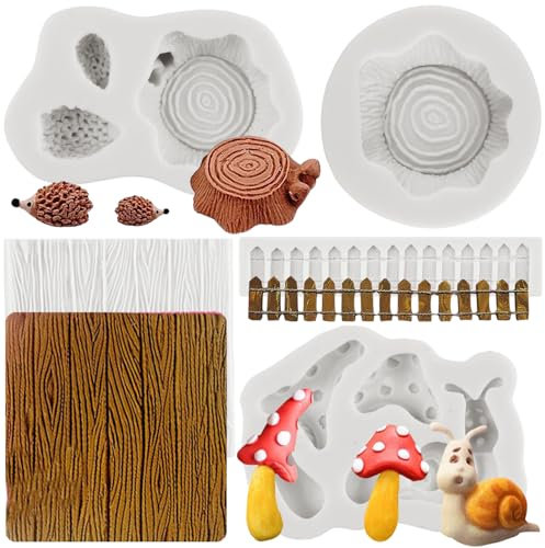 MYPRACS Enchanted Fairy Garden Silicone Moulds Tree Bark Stump Fondant Moulds Garden Picket Fence Snail Mushroom Mould for Cake Decoration Cupcake Topper Candy Polymer Clay Gum Paste Set of 5