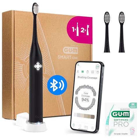 GUM SMART ONE elektrische Zahnbürste | Geschwindigkeitskontrolle | Timer | 4 Putzmodi | 6 Wochen Akkulaufzeit | GUM SMART App | 1x Schall-Zahnbürste | 2x Bürstenköpfe | Schwarz