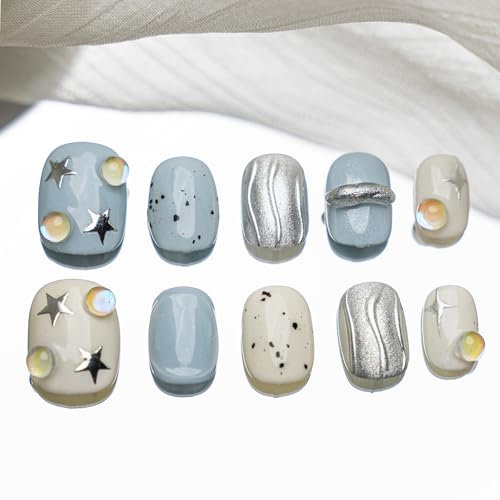 Sun&Beam Nails Handmade Press-on Short Squoval Round Blue Silver White 3D Star Minimalist Design Fashion False Nail Tips 10 Pcs Set (#175 M)