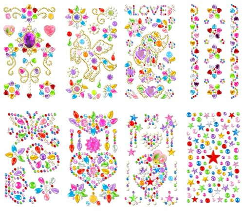 Glitzersteine Selbstklebend, 8 Blätter Strasssteine Selbstklebend bunte Bling Jewel Sticker Art Crafts mit verschiedenen Größen, DIY selbstklebende Diamant-Aufkleber für Kinder Handwerke, Grußkarten