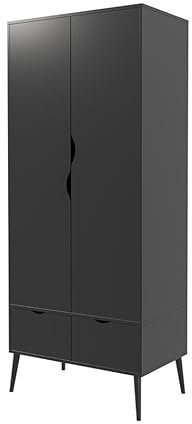 URBNLIVING 180cm Tall Freestanding Black Wardrobe with 2 Door 2 Drawer Modern Shelf Clothes Storage Scandi Legs Cupboards Hanging Rail Unit for Bedroom