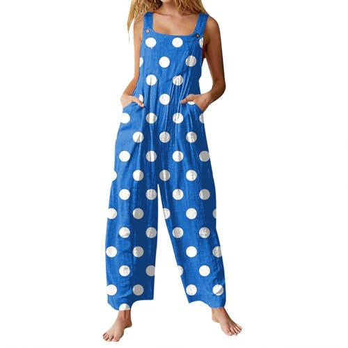 LUNULE Latzhosen Für Damen Kostüm Elegant Polka Dot Drucken Latzhose Frauen Ärmellos Rompers Mit Taschen Lässig Leicht Blau Catsuit(Blue,M)