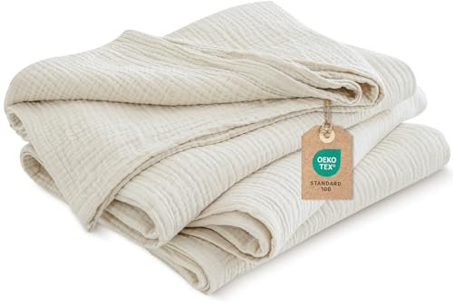 PHF 100% Baumwolle Musselin Decke 130x150cm, 4-lagige weiche hautfreundliche & atmungsaktive Tagesdecke, Ganzjahres-Komfort Oat Milk Sofaüberwurf Couchdecke für Bett Sofa, Hafermilch