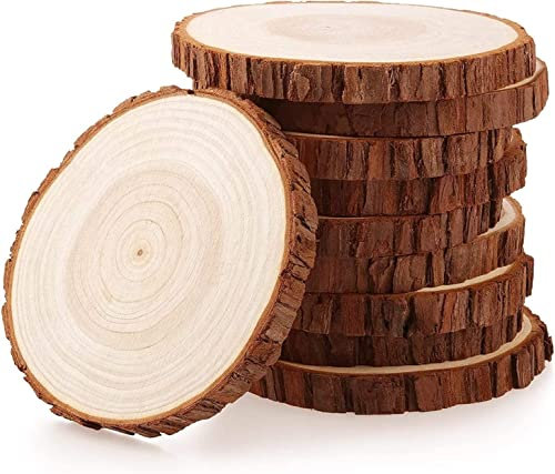 DUBTEDHOU Bois Rond Non transformé avec écorce, Lot de 10 rondelles de Bois de 6 à 7 Pouces for centres de Table, Ornements en tranches de Bois Naturel Brut, rondelles de Bois avec écorce