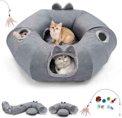Odoland Katzen Tunnel mit Bett, Klappbares Haustier Donut Tunnel Bett aus Leinen, Interaktives Katzen Spielzeug mit Ball Rascheltunnel für Kätzchen Kaninchen Welpen Kleintiere