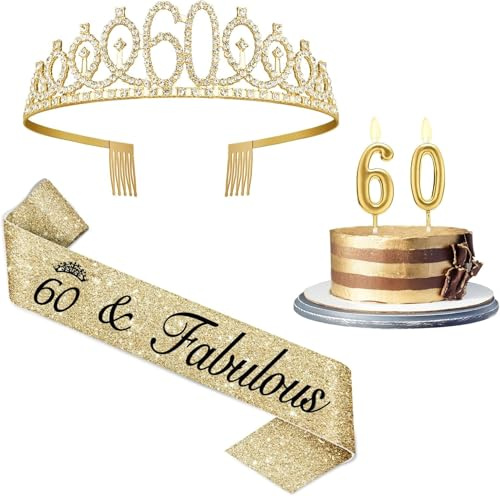 Amosking 60th Birthday Decorations for Women-Gold Sash Tiara Candles | 60th Birthday Sash and Crown, Gold Number 60 Candles, 60 and Fabulous Gifts for Women