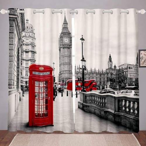 Loussiesd London Stadt 3D Drucken Vorhänge 137x117cm Rot Telefonzelle Fenstervorhang Microfaser Grau Modern City Landschaft Blickdichte Vorhänge Gardinen Kinder Mädchen