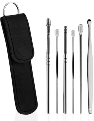 PARENCE.- Kit Nettoyage Oreille 6 Pièces avec Étui – Outils Cérumen Inoxydables, Réutilisables & Sûrs – Cure-Oreilles Métalliques avec Brosse – Élimination Cire Oreille Efficace et Confortable