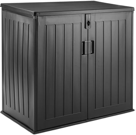 Amazon Basics Lagerschuppen, Mülltonnenbox für Zwei 120-Liter-Tonnen, Wetterbeständig, 116cm x 70,5cm x 112,8cm, Schwarz