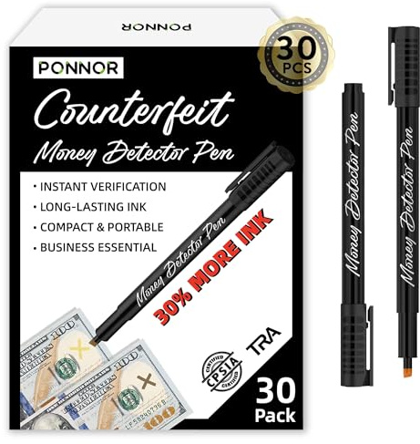 PONNOR Counterfeit Money Detector Pen (30 Pack) Bill Marker Universal False Currency Checker Cash Tester with 30% More Ink with Upgraded Chisel Tip for Personal & Commercial Use