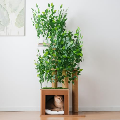 Merax Árbol rascador de 158 cm con 3 plataformas y cuevas para gatos, con hojas extraíbles, resistente a los arañazos y resistente al agua, protección antivuelco, muebles para gatos para casa y salón