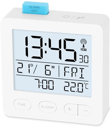 ADE réveil Radio-piloté numérique avec Piles | Horloge Radio-pilotée avec éclairage | température et Date | réveil de Voyage Compact | Blanc