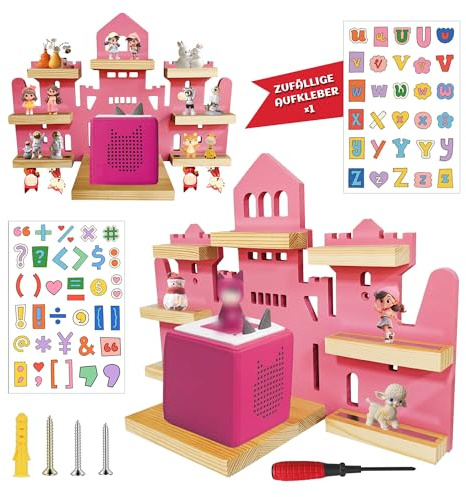 JATCWBO Kinder Figurenregal aus Holz im Schloss Design – Wandregal oder Standregal – Kompatibel mit Toniebox – Platz für ca. 15–20 Hörfiguren