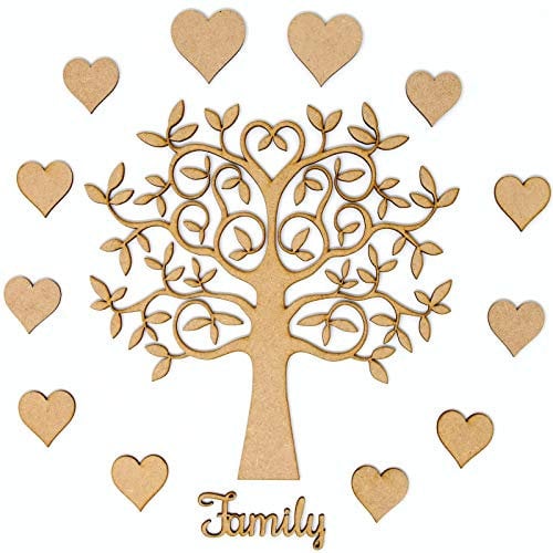 MDF, kit per albero genealogico, con albero, cuori e la parola in inglese “Family”. Crea il tuo albero genealogico personale., 20 cm