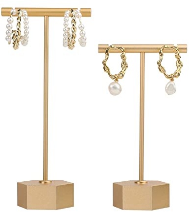 GemeShou 2pcs Gold T Bar earring display stand for show, Metal jewelry earring holder for selling, Boutique store earring photography props【Gold-Hexagon Base 2pcs】