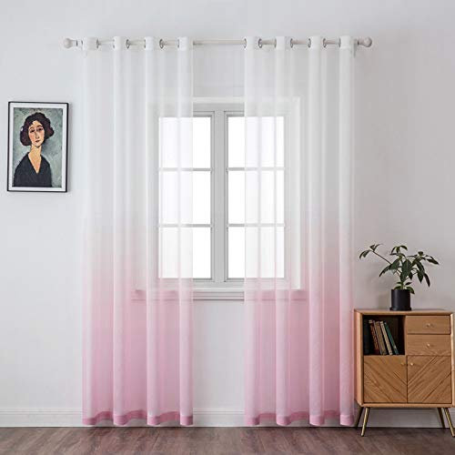 MIULEE Gardinen Transparent Vorhänge Farbverlauf Voile Sheer 2er Set Vorhang mit Ösen Dekoschal Fensterschal für Schlafzimmer und Wohnzimmer 245 cm x 140 cm(H x B) Weiß Rosa