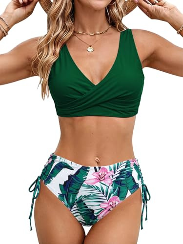 Dambikini 2 stycken dambaddräkt tvådelad Tether halterneck bikini smal passform baddräkt med remmar, Grön, XL