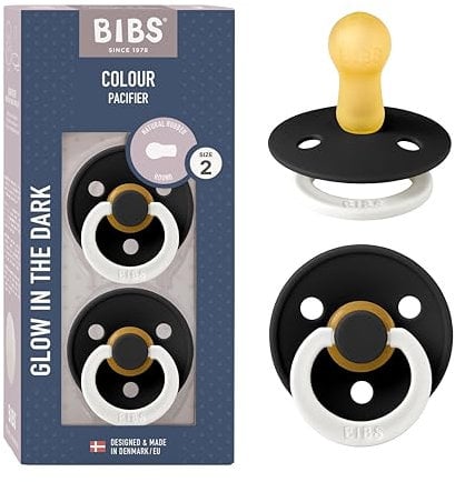 BIBS Colour Glow Schnuller 2er-Pack, BPA-frei. Leuchtet im Dunkeln, Kirschform Nippel. Naturkautschuk/Latex, Hergestellt in Dänemark, Größe 2 (6-18 Monate), Black Glow