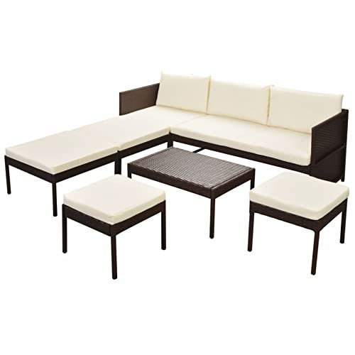 Gecheer 6-teilig Rattan-Gartensofagarnitur Garten-Sofagarnitur Gartensofa-Garnitur Möbel-Set Mit 1 Dreisitzer-Sofa,1 Couchtisch,2 große Ottomanen,2 kleine Ottomanen,3 Rückenkissen und 6 Sitzkissen