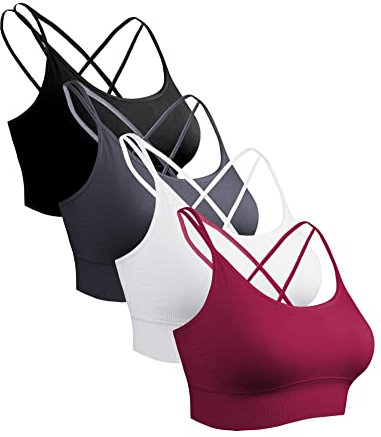 Sykooria Sport BH Damen Gepolstert Bustier Ohne Bügel Spaghettiträger Cross Back Design Push Up Sport Bra Top für Yoga Fitness, Schwarz+Dunkelgrau+Weinrot+Weiß M