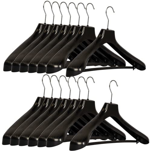 RSR Hangers Jackenbügel XXL SM 45 cm – 10 er Set – Schwarz, Kunststoff – mit Hosensteg & extra breiter Schulterauflage – 360° drehbarer Haken – für Jacken, Mäntel & Anzüge, Winterkleidung