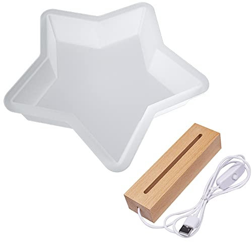 Yayatty Große Resin Silikonform, Stern Form Silikonformen Epoxidharz mit USB Stromversorgung Beleuchteter Holzsockel für DIY Tischbasteleien, Schreibtischlampe Heimdekoration