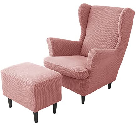 JHLD Stretch Husse für Ohrensessel Mit Ottomane Schonbezug, 2 Stück Jacquard Schonbezug Hockerbezug für Hunde Katzen - Rosa - 3 Stück