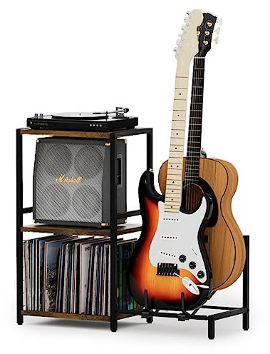 YAKANJ Side Table with Guitar Stand, Record Player Stand, Vinyl Record Storage, Acoustic Guitar Stand, Electric Guitar, Bass, Side Table for Music Room, Studio,