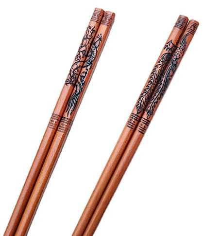 SALFEE 2Pairs Chinese Dragon and Phoenix Hand Carving Family Chopsticks