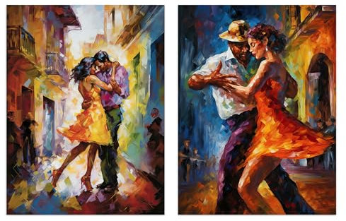 Artery8 Set of 2 Prints Street Salsa Latino Dancing Vibrant Oil Painting Pack of 2 A4 Poster Living Room Wall Art Prints