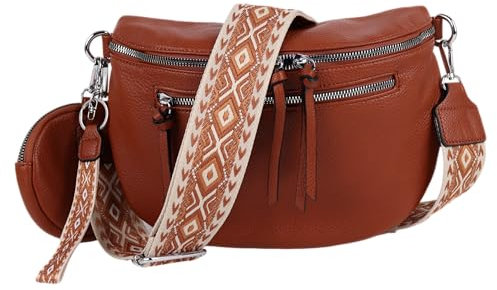 MIRROSI® Bauchtasche Damen, Veganleder 30x20x9cm, Umhängetasche, Brusttasche, Crossbody bag, Kunstleder leder, verstellbare Schulterriemen Bohemian Style (Braun)