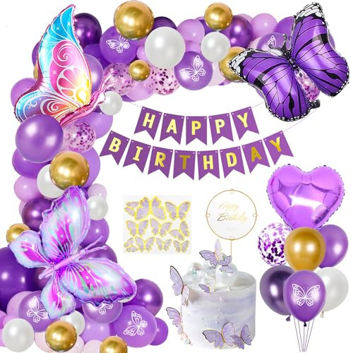 Schmetterling Geburtstag Deko Set - XXL Folienballons, Mädchen Luftballons, Lila Party Kindergeburtstag Dekoration, Druck Luftballons für Kinder