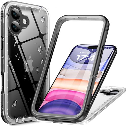 Cozycase TOP Shockproof IP68 Waterproof Case for iPhone 16 Heavy Duty 360 Full Body & Screen Camera Protector Front Back Cover Dustproof Hard 16 Tough Protective Case Black/Frosted Clear