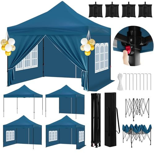 WOLTU Pavillon Das Spitzdach, Faltpavillon mit 4 Seitenwänden und 4 Sandsäcke, Gartenpavillon wasserfest stabil UV-Schutz, Pop Up Partyzelt Outdoor, höhenverstellbar, mit Tragetasche, Blau