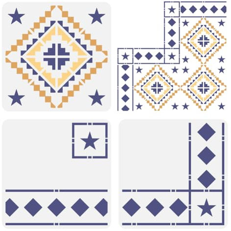 FINGERINSPIRE 3 Pcs Floor Tile Stencil 30x30cm Reusable Star Mosaic Tiles Painting Template Border & Corners Stencil Concrete DIY Stencils for Patio, Floor Tile, Wall, DIY Home Decoration