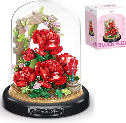 TRavesty Blumenstrauß Bausteine Bausatz, Künstliche Blumenstrauß Bausteine Set Mit Staubschutzhülle, Kreatives DIY Botanik Kollektion Modellbausatz für Zuhause Zimmer Dekoration (Rote Rose)