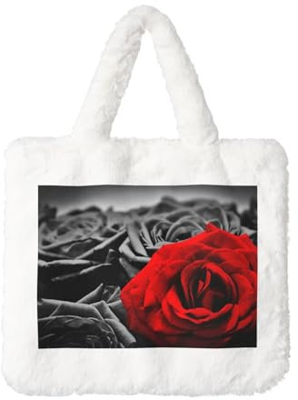 YFSGDLBN Sac à main en peluche avec imprimé roses noires blanches et rouges - Sac fourre-tout lavable, blanc, Taille unique