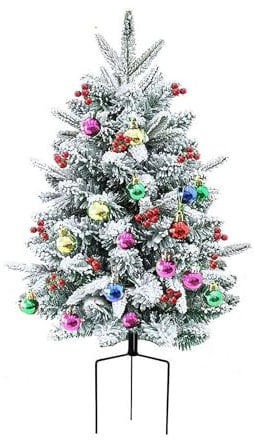 21 Inch Pre-Lit Pathway Christmas Trees, Prelit Holiday Planter, Artificial Xmas Urn Filler with Tripod Stake, Lighted Artificial Xmas Pine Trees with Red Berries, Battery Powered Outdoor Decor