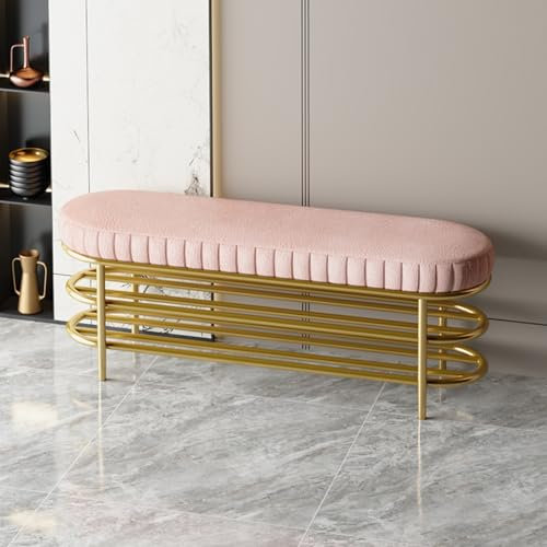 Gepolsterte Eingangsbank mit Schuhregal und Stauraum, Metallrahmen, Sofabank für Eingangstür, Eingang, Rosa, Ottoman-Bank für Eingang, Flur, Schlafzimmer und Wohnzimmermöbel, 60 x 35 x 42 cm